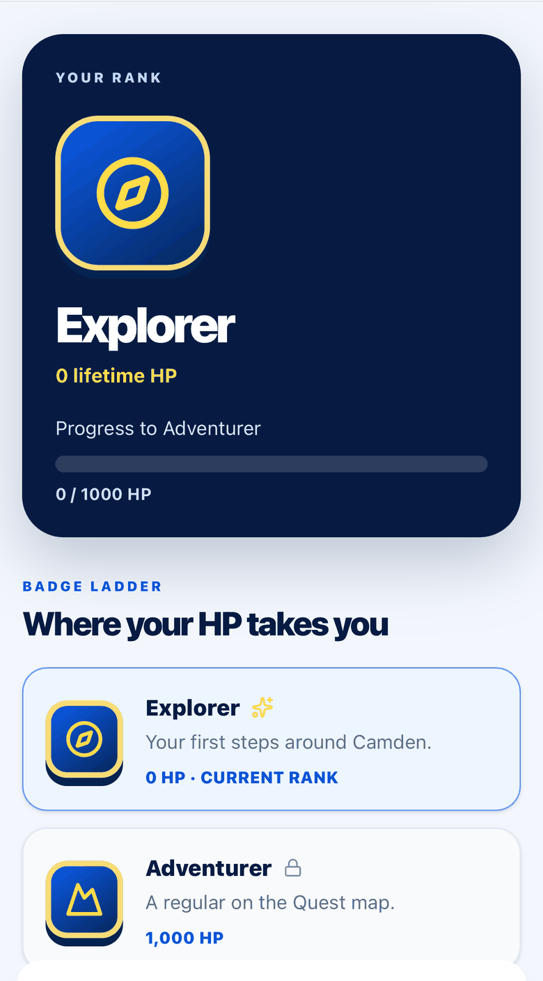 The Quest app showing a rank of Explorer and the badge ladder above it