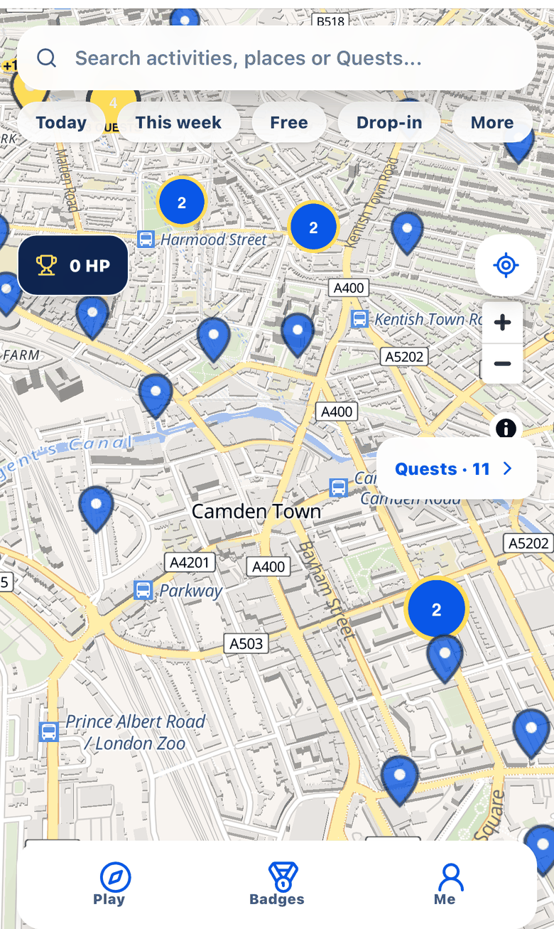The Quest app showing activities pinned across Camden Town and Kentish Town